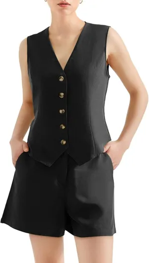 SUUKSESS Women's Summer 2 Piece Sets Button Down V Neck Vest Pockets Shorts Sets