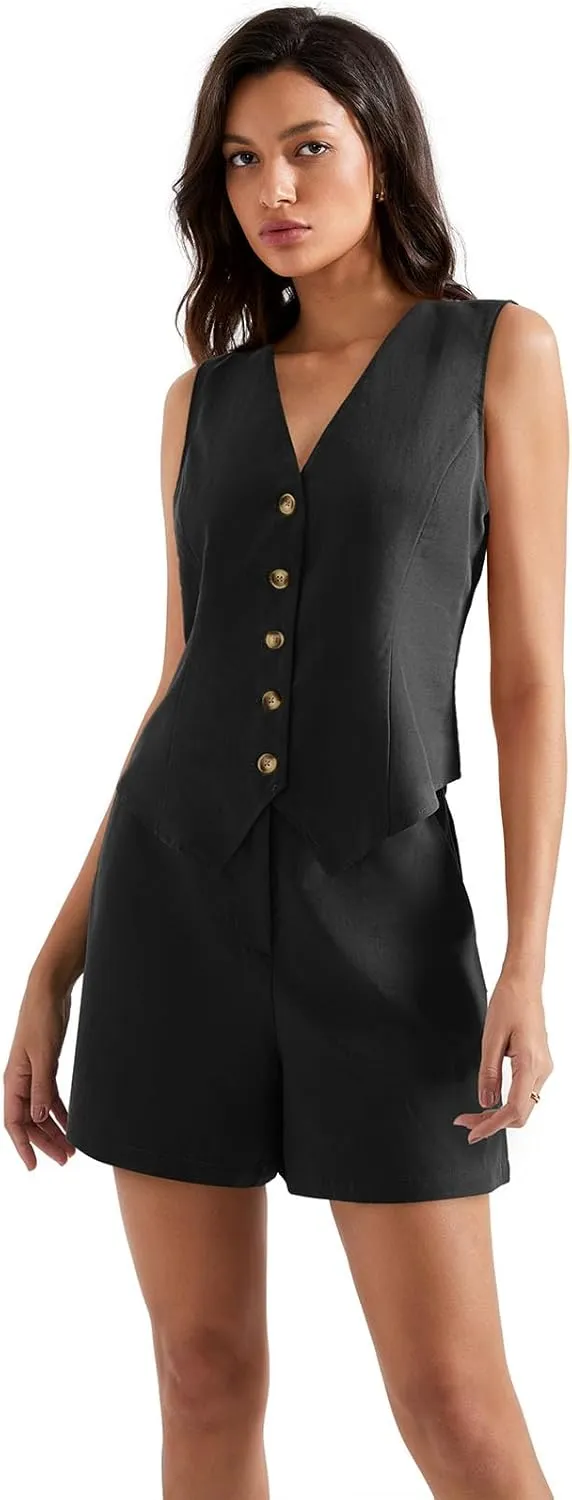 SUUKSESS Women's Summer 2 Piece Sets Button Down V Neck Vest Pockets Shorts Sets