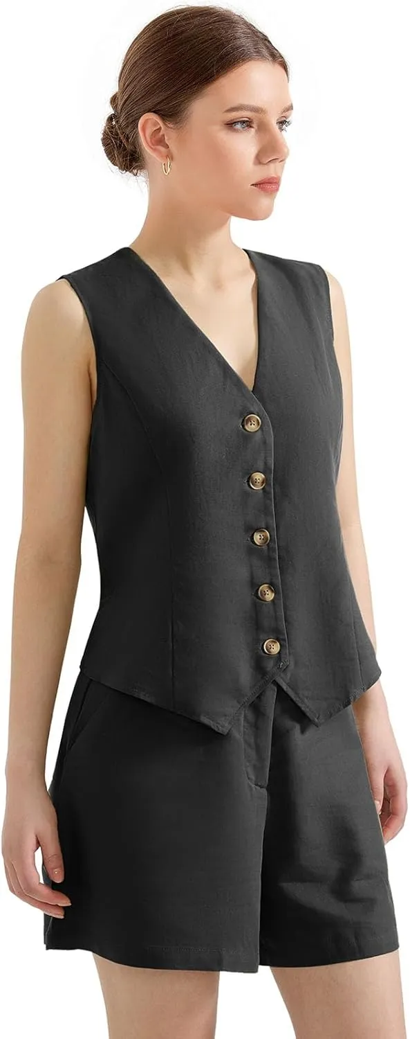 SUUKSESS Women's Summer 2 Piece Sets Button Down V Neck Vest Pockets Shorts Sets