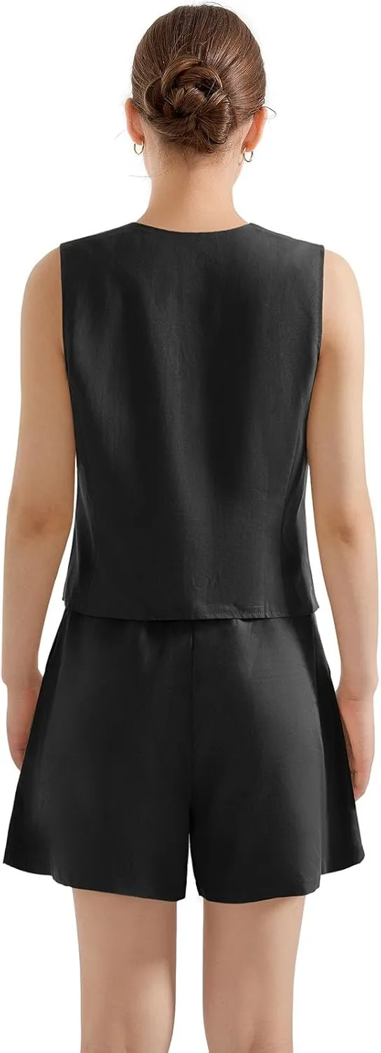 SUUKSESS Women's Summer 2 Piece Sets Button Down V Neck Vest Pockets Shorts Sets