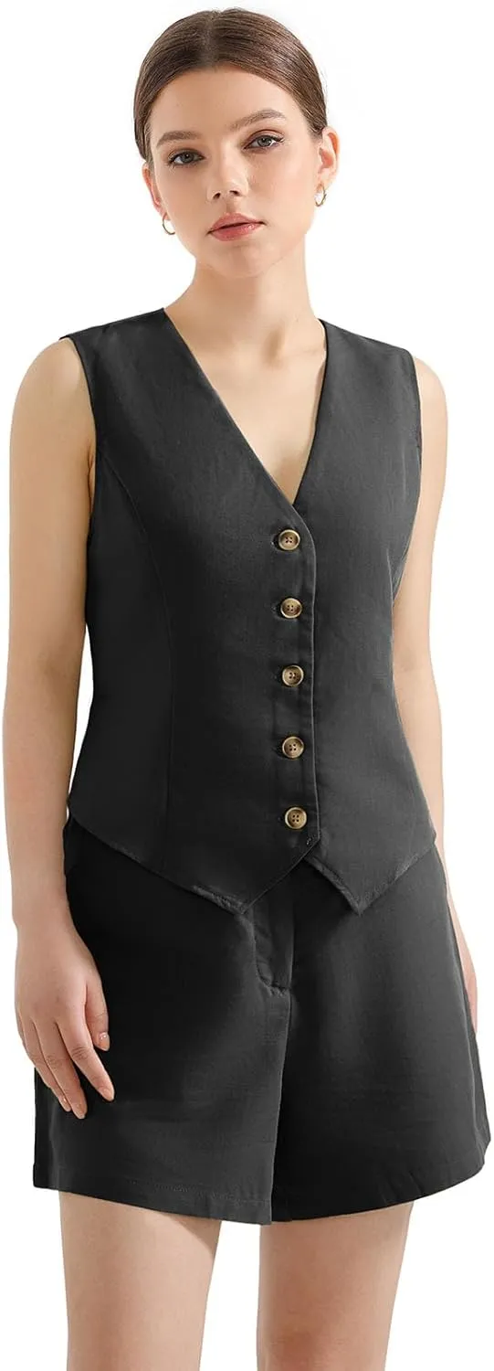 SUUKSESS Women's Summer 2 Piece Sets Button Down V Neck Vest Pockets Shorts Sets