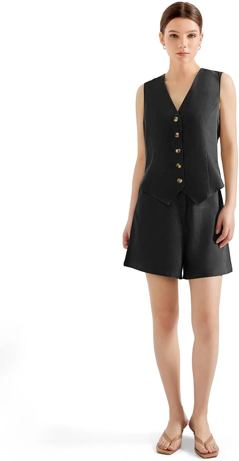SUUKSESS Women's Summer 2 Piece Sets Button Down V Neck Vest Pockets Shorts Sets
