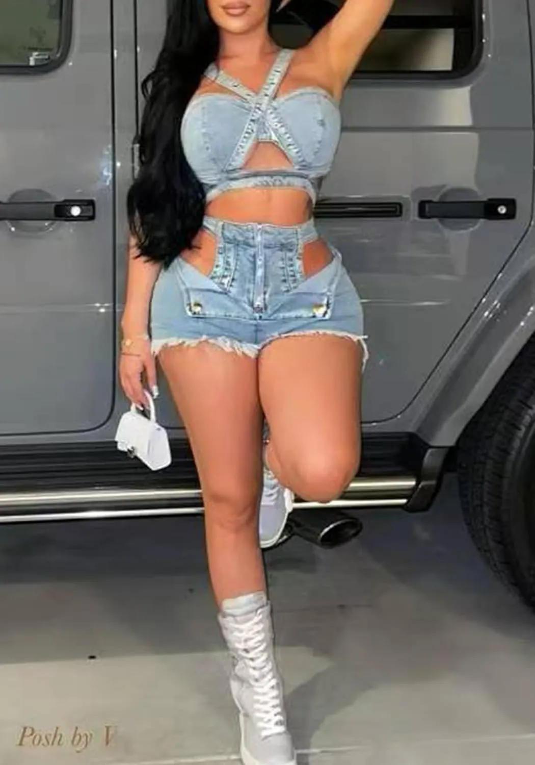 Tbahhir Sexy 2 Piece Denim Outfits for Women, Sleeveless Crop Top and High Waisted Jean Shorts Stretchy Sets Summer