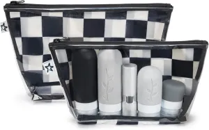 Tiny Twinkle Mess-proof Travel Bags, Airline Compliant, Zipper Closure, Clear Front Pouch, Diaper Bag Packing, Toiletry or Cosmetics Organizer 2 Pack Set (Black Checkers)