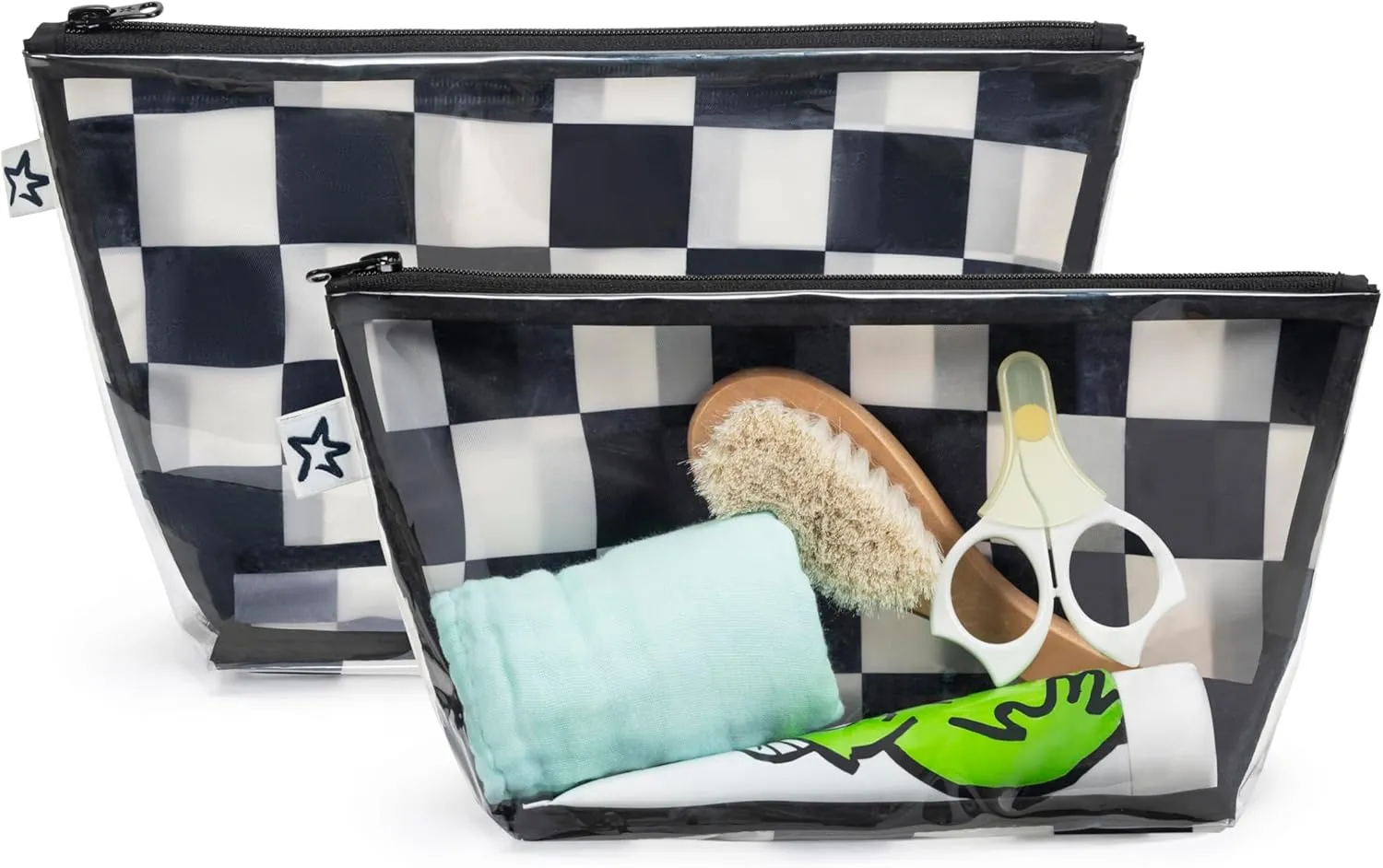 Tiny Twinkle Mess-proof Travel Bags, Airline Compliant, Zipper Closure, Clear Front Pouch, Diaper Bag Packing, Toiletry or Cosmetics Organizer 2 Pack Set (Black Checkers)