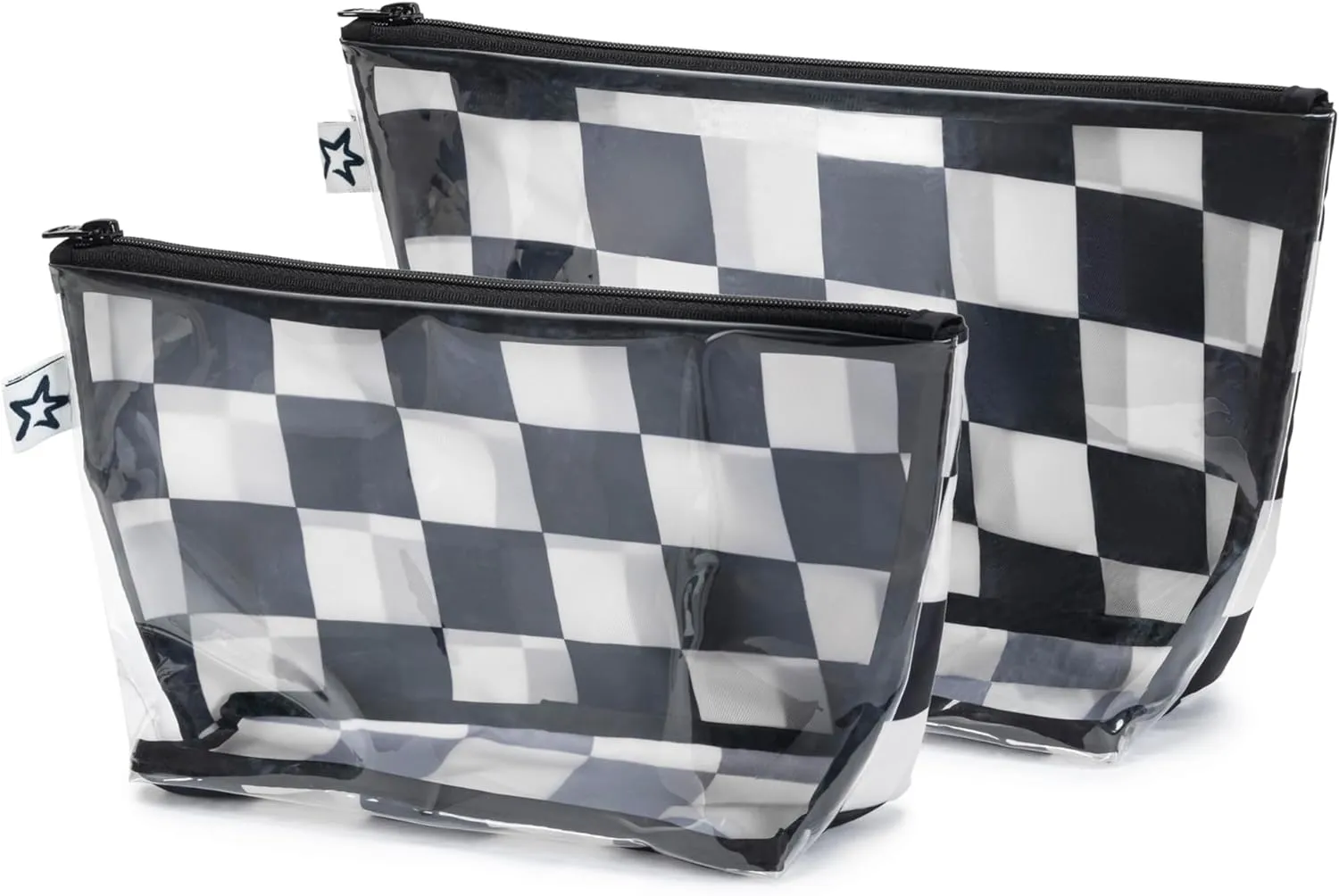 Tiny Twinkle Mess-proof Travel Bags, Airline Compliant, Zipper Closure, Clear Front Pouch, Diaper Bag Packing, Toiletry or Cosmetics Organizer 2 Pack Set (Black Checkers)