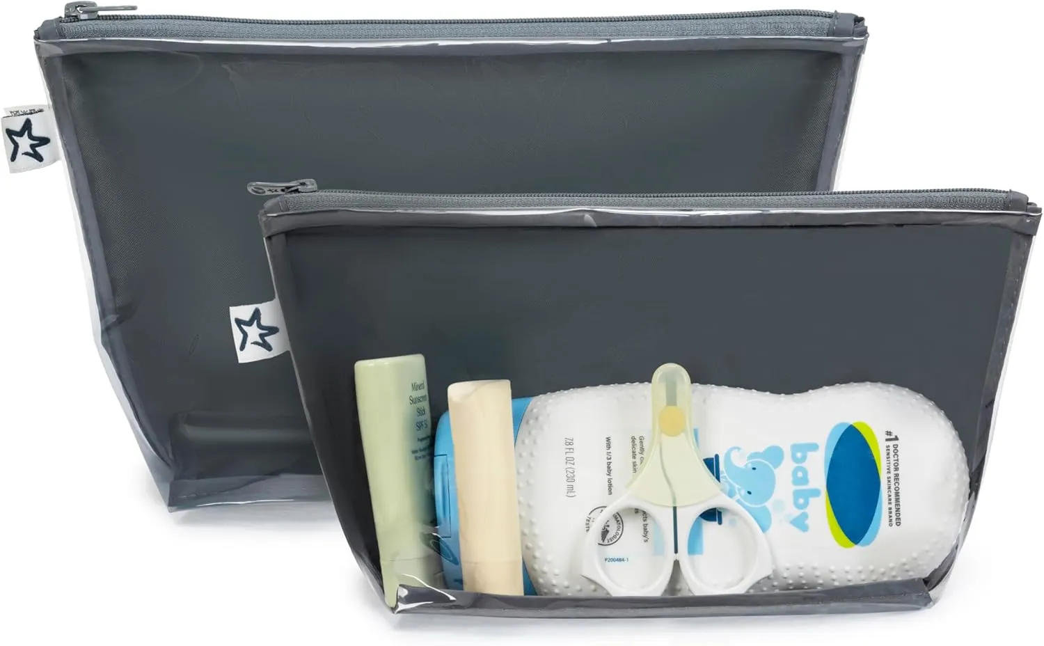 Tiny Twinkle Mess-proof Travel Bags, Airline Compliant, Zipper Closure, Clear Front Pouch, Diaper Bag Packing, Toiletry or Cosmetics Organizer 2 Pack Set (Charcoal)