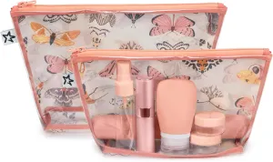 Tiny Twinkle Mess-proof Travel Bags, Airline Compliant, Zipper Closure, Clear Front Pouch, Diaper Bag Packing, Toiletry or Cosmetics Organizer 2 Pack Set (Flutter)