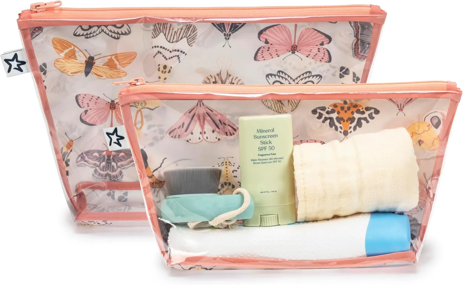 Tiny Twinkle Mess-proof Travel Bags, Airline Compliant, Zipper Closure, Clear Front Pouch, Diaper Bag Packing, Toiletry or Cosmetics Organizer 2 Pack Set (Flutter)