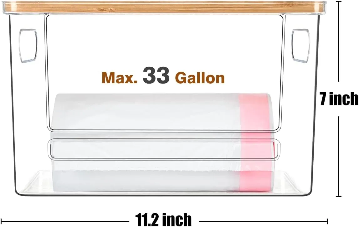 Trash Bag Dispenser 2 Pack, Acrylic Garbage Bag Dispenser with Bamboo Top, Extra Large Trash Bags Holder Dispensers Under Sink for Kitchen, Pantry, Laundry Room, Cabinet Organizer and Storage