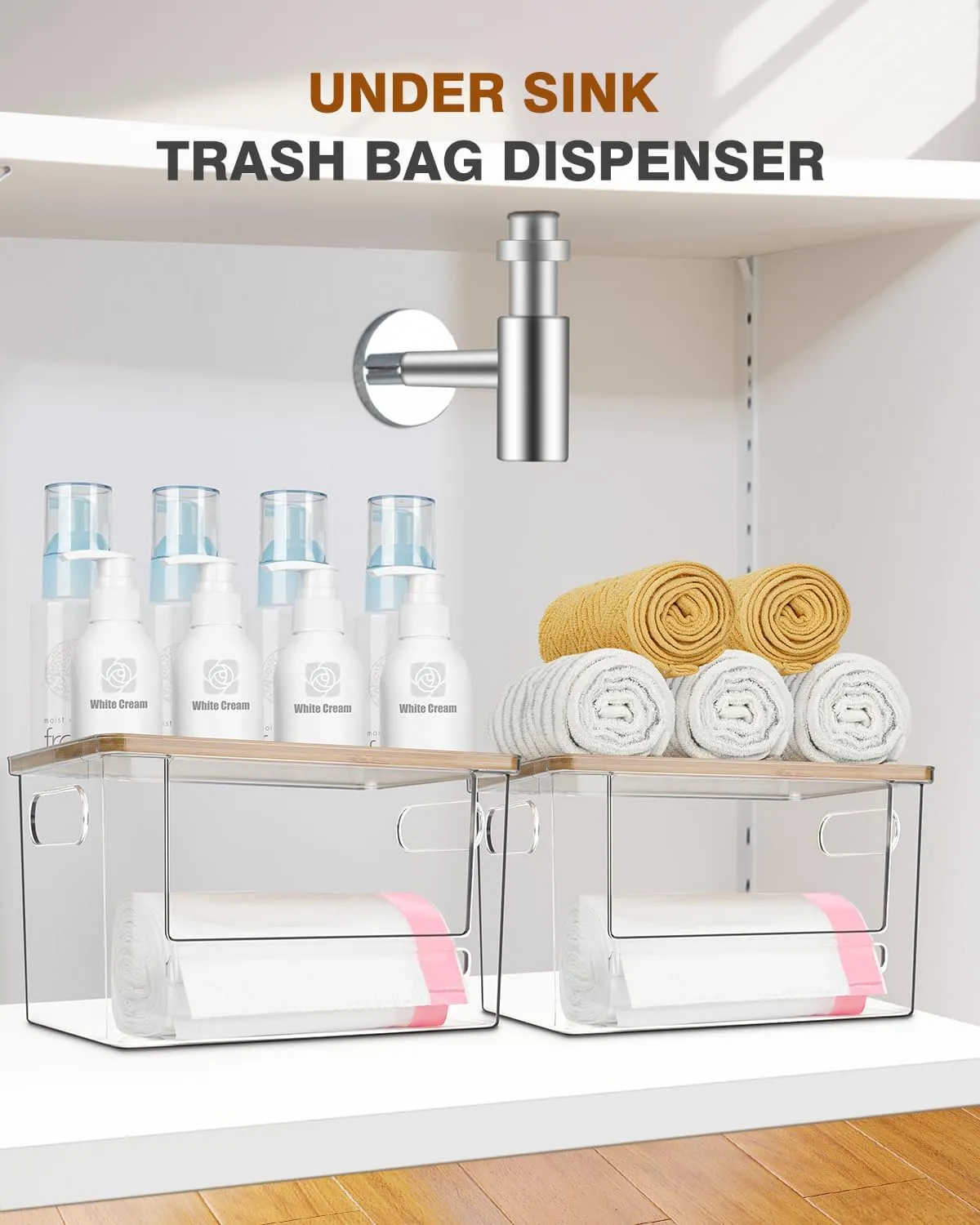 Trash Bag Dispenser 2 Pack, Acrylic Garbage Bag Dispenser with Bamboo Top, Extra Large Trash Bags Holder Dispensers Under Sink for Kitchen, Pantry, Laundry Room, Cabinet Organizer and Storage
