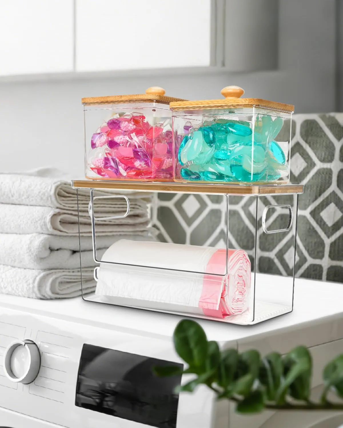 Trash Bag Dispenser 2 Pack, Acrylic Garbage Bag Dispenser with Bamboo Top, Extra Large Trash Bags Holder Dispensers Under Sink for Kitchen, Pantry, Laundry Room, Cabinet Organizer and Storage