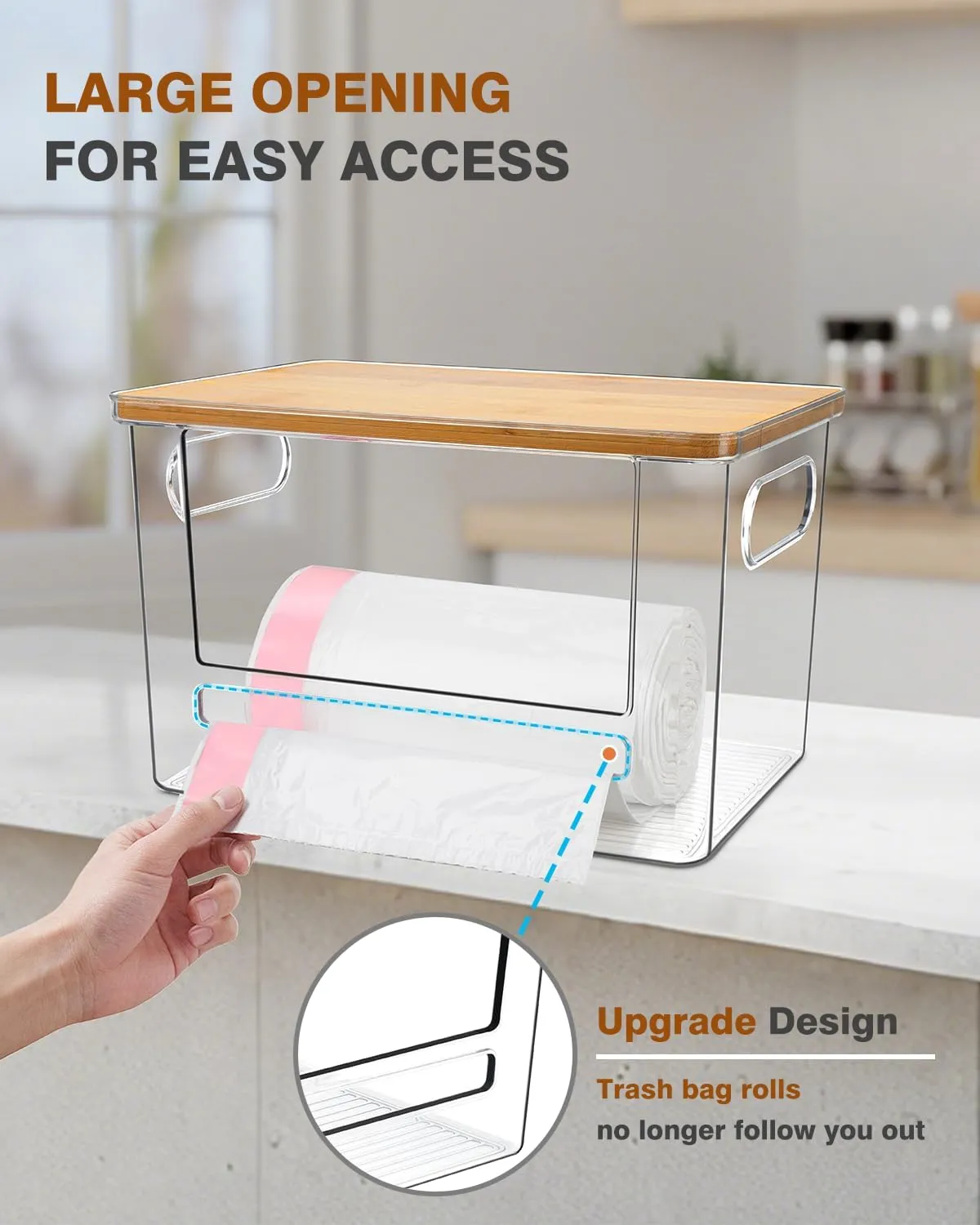 Trash Bag Dispenser 2 Pack, Acrylic Garbage Bag Dispenser with Bamboo Top, Extra Large Trash Bags Holder Dispensers Under Sink for Kitchen, Pantry, Laundry Room, Cabinet Organizer and Storage