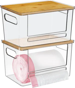 Trash Bag Dispenser 2 Pack, Acrylic Garbage Bag Dispenser with Bamboo Top, Extra Large Trash Bags Holder Dispensers Under Sink for Kitchen, Pantry, Laundry Room, Cabinet Organizer and Storage