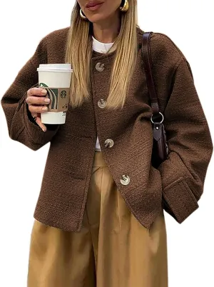 Tweed Jackets for Women 2024 Fall Long Sleeve Business Button Down Casual Cropped Blazer with Pockets