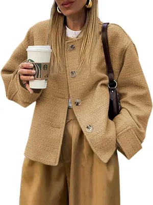 Tweed Jackets for Women 2024 Fall Long Sleeve Business Button Down Casual Cropped Blazer with Pockets