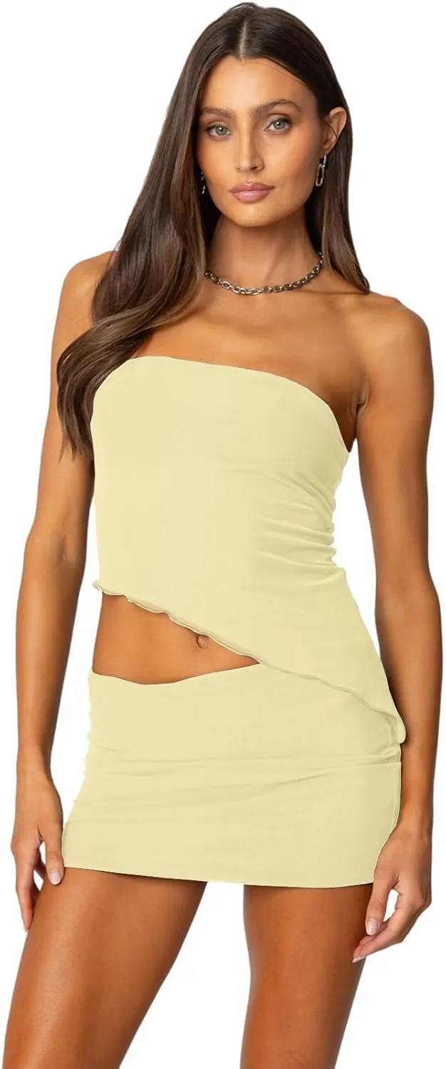 Two Piece Skirt Set for Women Summer Asymmetrical Mesh Strapless Tube Tops Mini Skirt Set Going Out Outfits