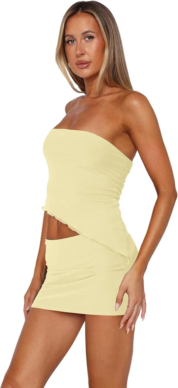 Two Piece Skirt Set for Women Summer Asymmetrical Mesh Strapless Tube Tops Mini Skirt Set Going Out Outfits