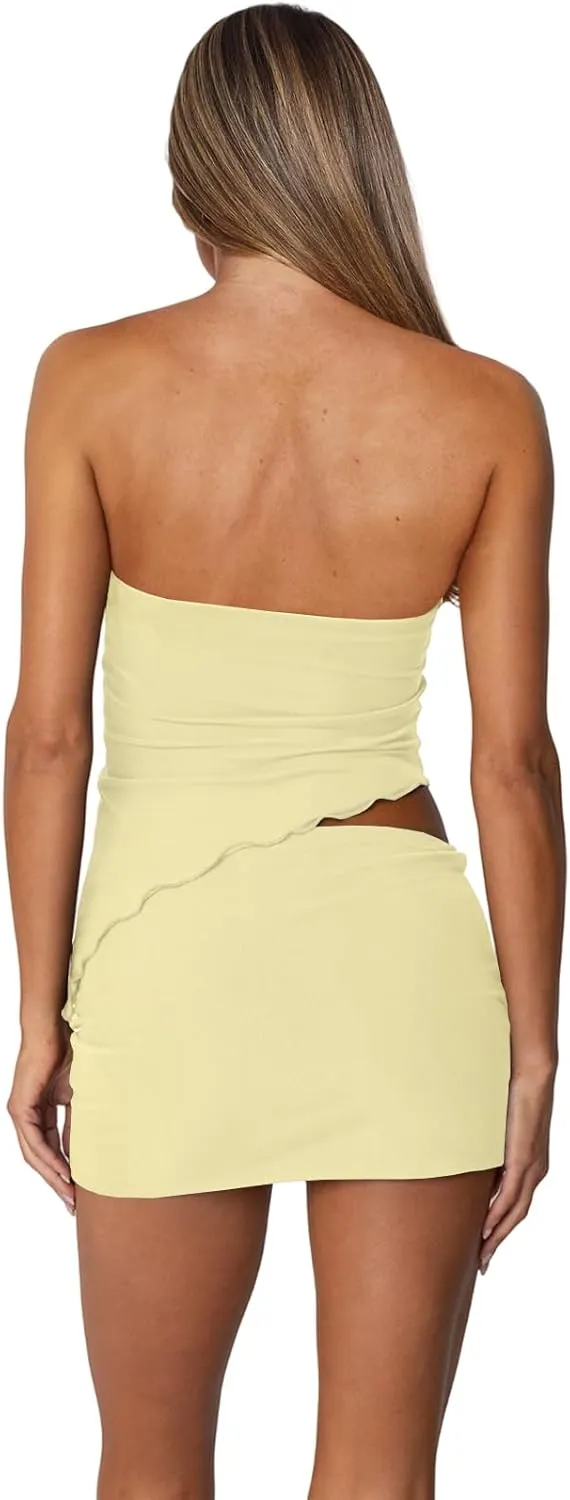 Two Piece Skirt Set for Women Summer Asymmetrical Mesh Strapless Tube Tops Mini Skirt Set Going Out Outfits