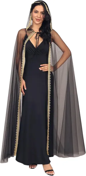 Unicra Hooded Cloak Unisex Adult Cloak Tulle Long Cape with Gold Edge Halloween Costume Cloak Cosplay Party Cape for Women Men