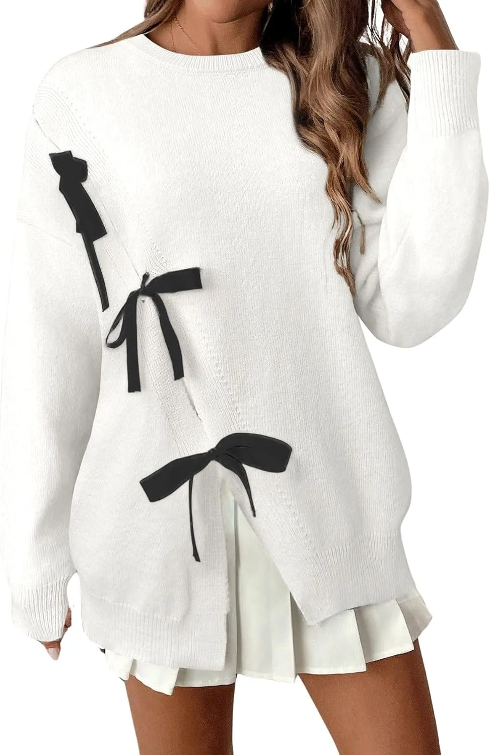 Verdusa Women's Bow Tie Split Sweater Fall Outfits Round Neck Loose Fit Knit Pullover Tops