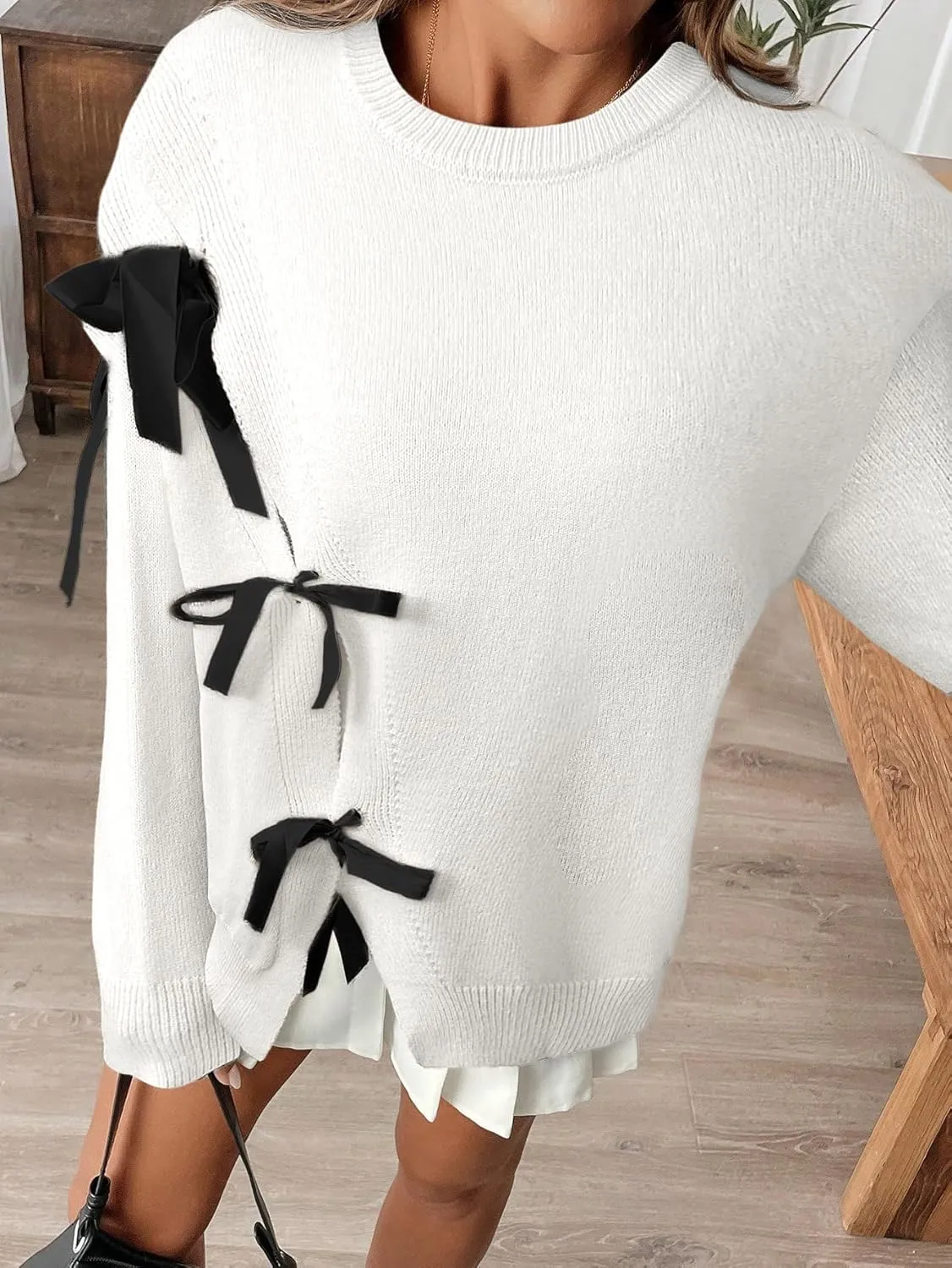 Verdusa Women's Bow Tie Split Sweater Fall Outfits Round Neck Loose Fit Knit Pullover Tops