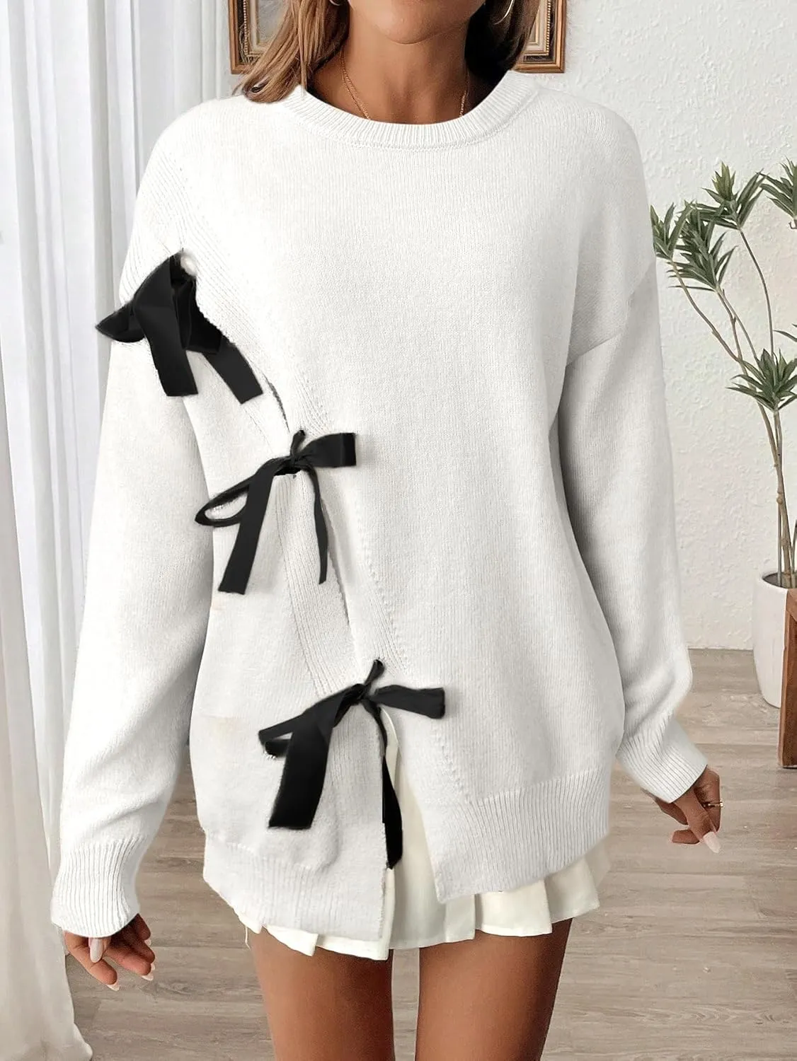 Verdusa Women's Bow Tie Split Sweater Fall Outfits Round Neck Loose Fit Knit Pullover Tops