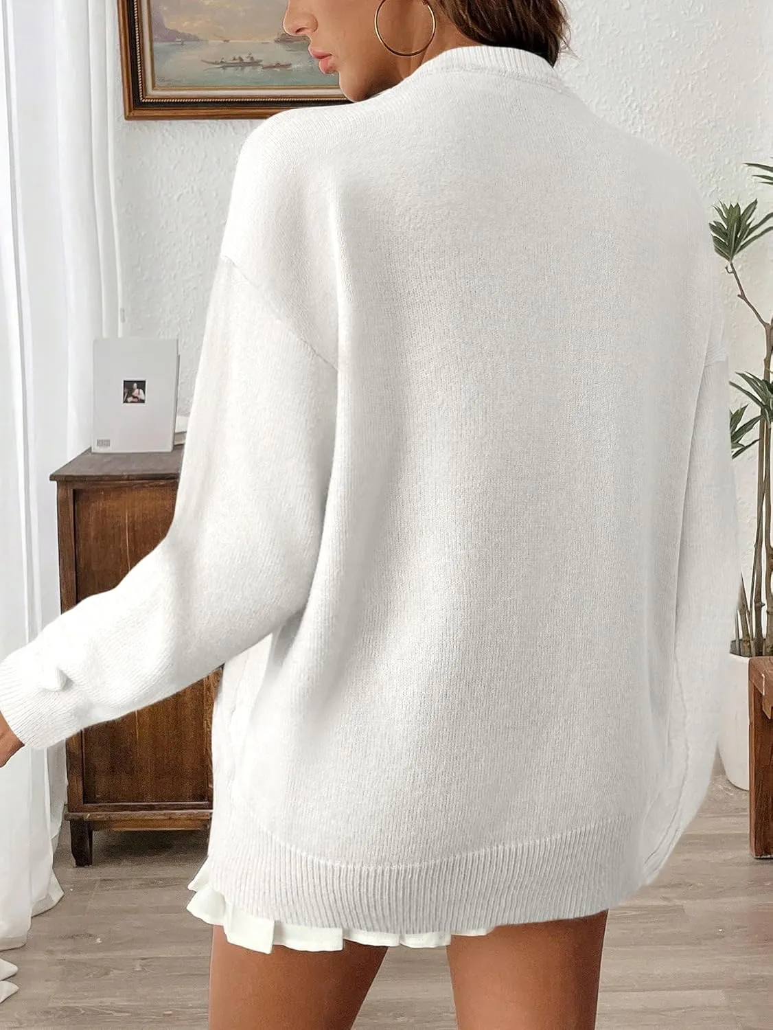 Verdusa Women's Bow Tie Split Sweater Fall Outfits Round Neck Loose Fit Knit Pullover Tops