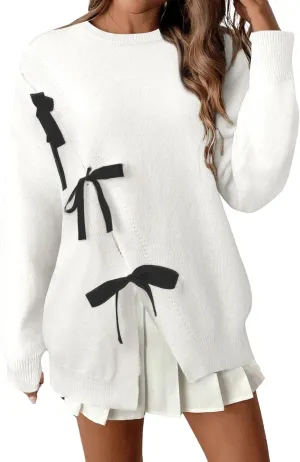 Verdusa Women's Bow Tie Split Sweater Fall Outfits Round Neck Loose Fit Knit Pullover Tops
