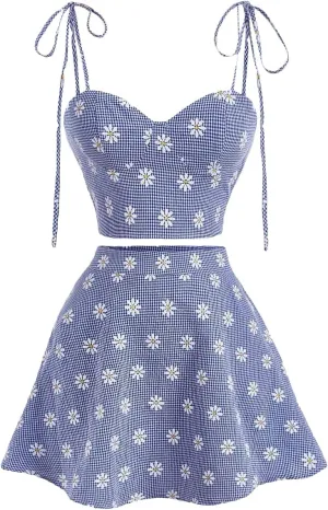 Verdusa Women's Floral Print Tie Shoulder Cami Top and A Line Skirt Summer 2 Piece Outfit
