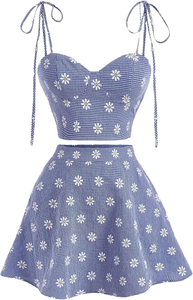 Verdusa Women's Floral Print Tie Shoulder Cami Top and A Line Skirt Summer 2 Piece Outfit