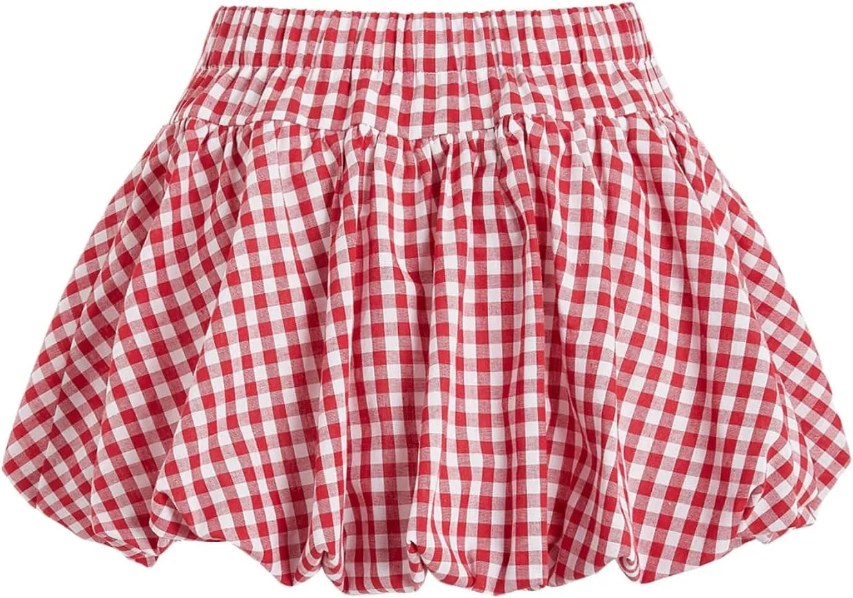 Verdusa Women's Gingham Bubble Mini Skirts Plaid Bow Cute Holiday Short Skorts