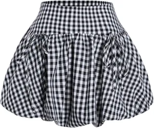 Verdusa Women's Gingham Bubble Mini Skirts Plaid Bow Cute Holiday Short Skorts