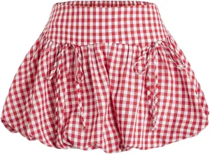 Verdusa Women's Gingham Bubble Mini Skirts Plaid Bow Cute Holiday Short Skorts