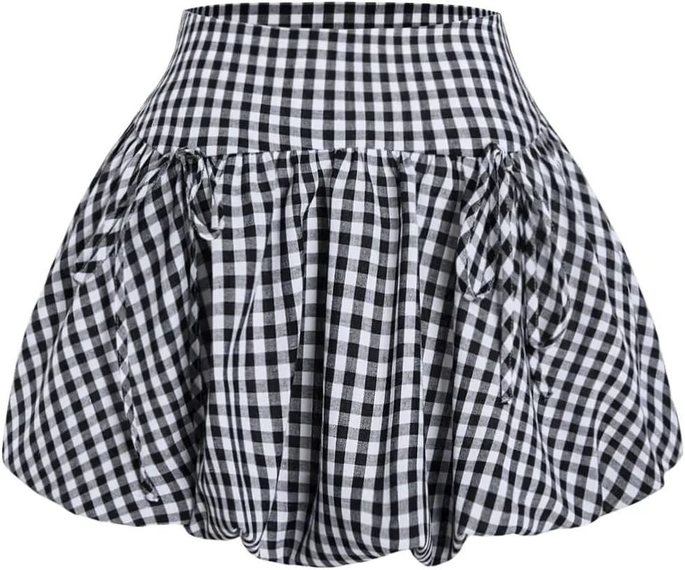 Verdusa Women's Gingham Bubble Mini Skirts Plaid Bow Cute Holiday Short Skorts