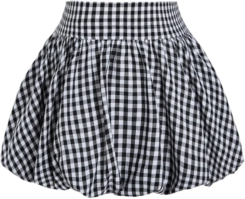 Verdusa Women's Gingham Bubble Mini Skirts Plaid Bow Cute Holiday Short Skorts