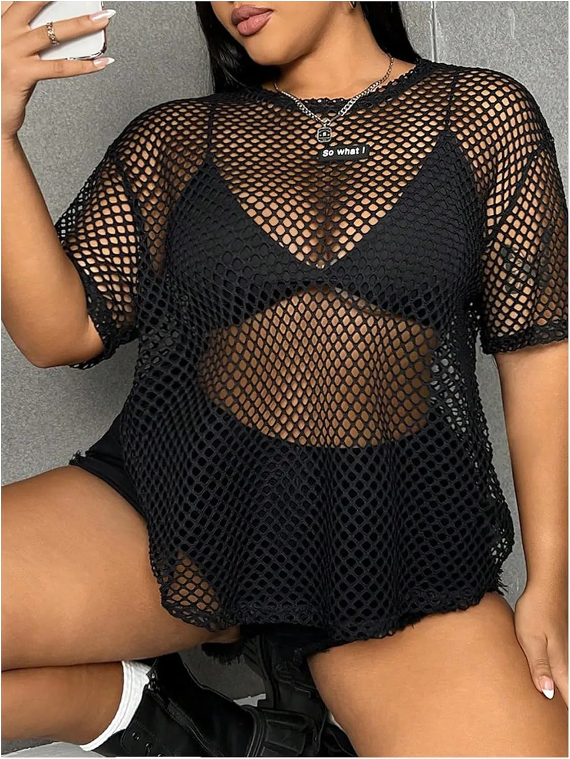 Verdusa Women's Plus Size Hollow Out Mesh T Shirt Sheer Half Sleeve Fishnet Tops