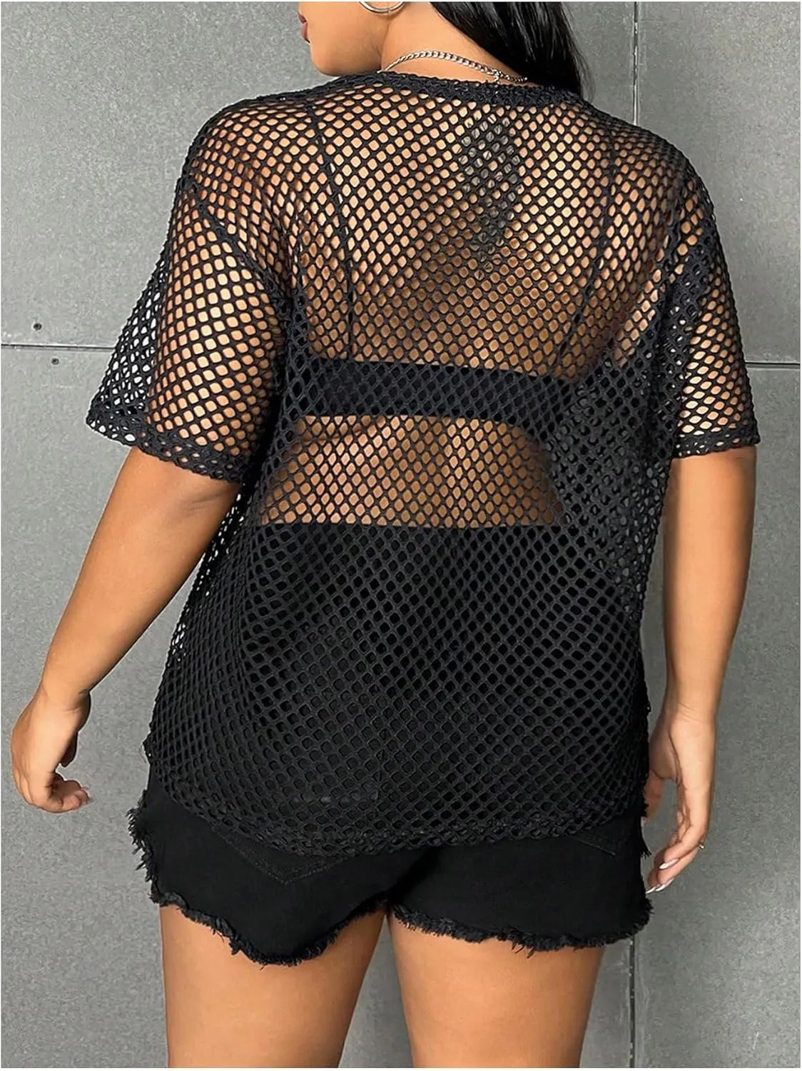Verdusa Women's Plus Size Hollow Out Mesh T Shirt Sheer Half Sleeve Fishnet Tops