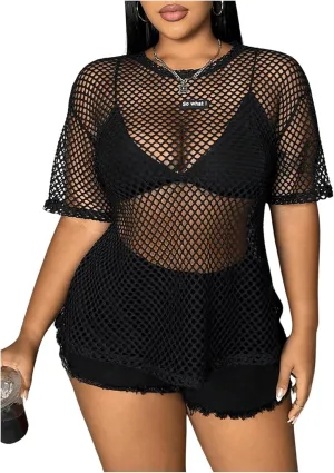 Verdusa Women's Plus Size Hollow Out Mesh T Shirt Sheer Half Sleeve Fishnet Tops
