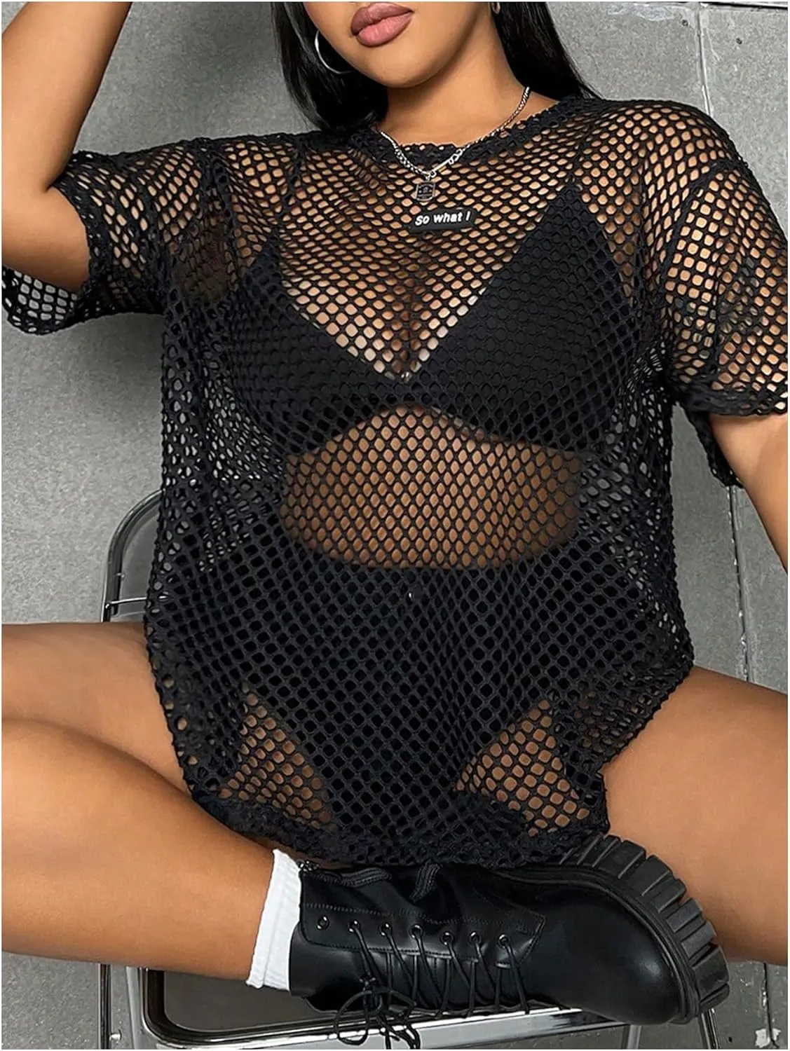 Verdusa Women's Plus Size Hollow Out Mesh T Shirt Sheer Half Sleeve Fishnet Tops