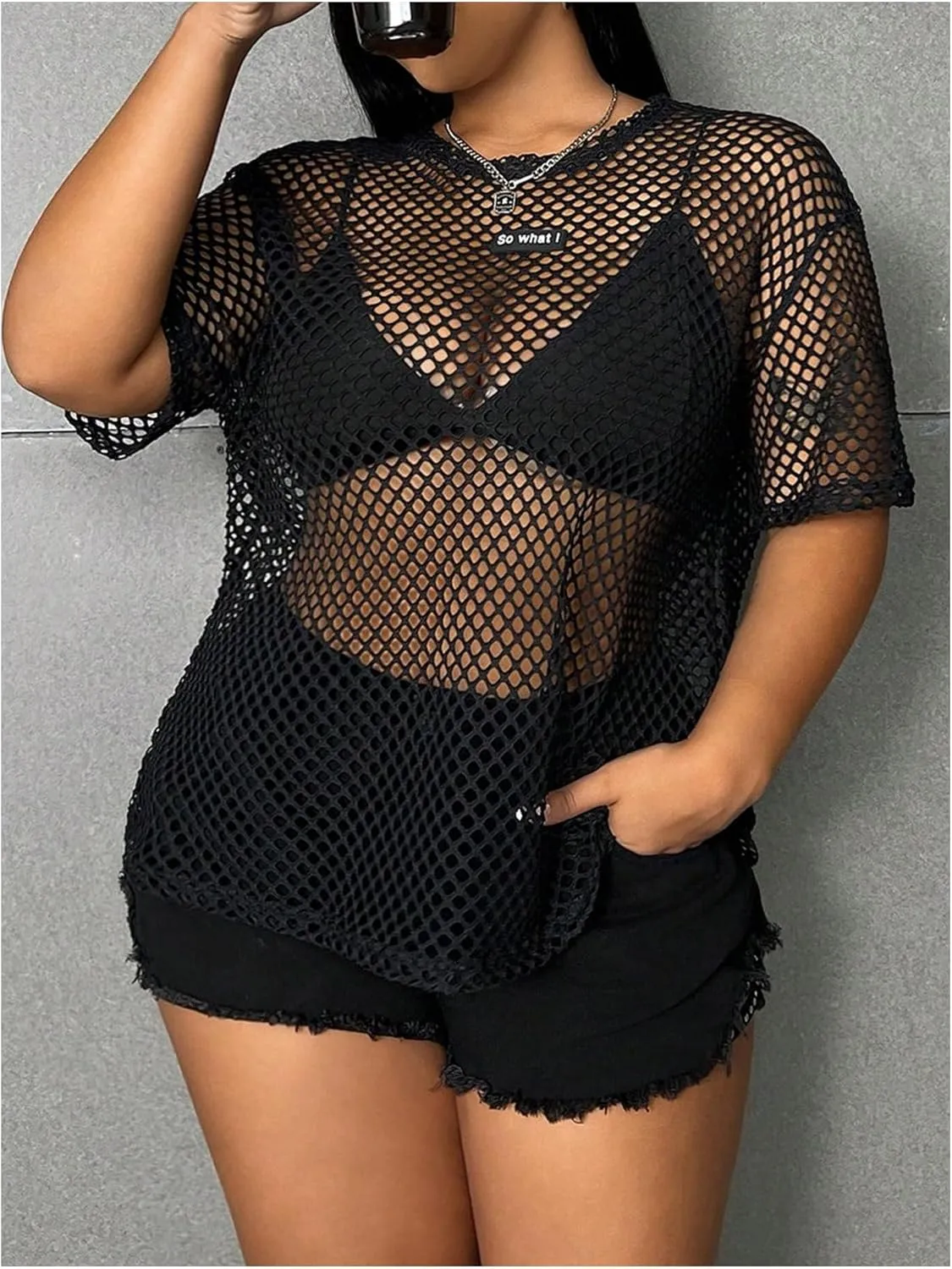 Verdusa Women's Plus Size Hollow Out Mesh T Shirt Sheer Half Sleeve Fishnet Tops