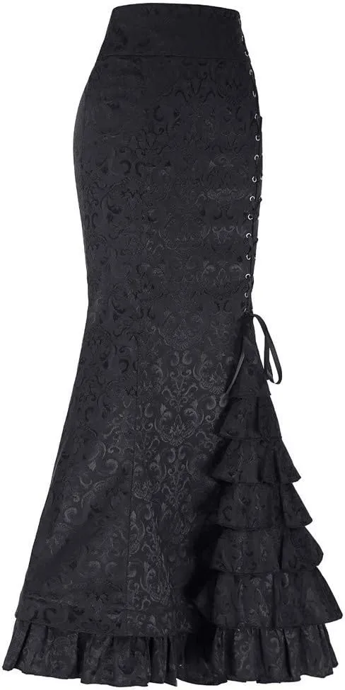 Victorian Pencil Skirt for Women Vintage Steampunk Lace up Tiered Ruffle Maxi Skirts High Waisted Long Mermaid Fishtail Skirt