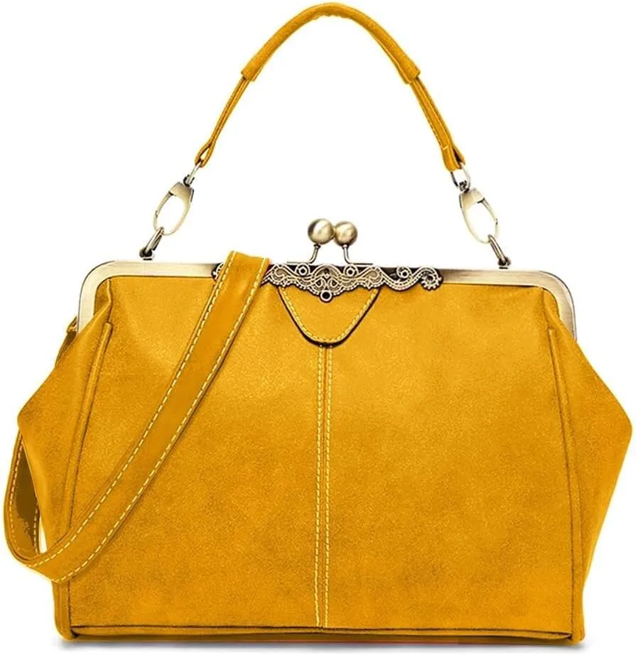 Vintage Women Tote BagsSmall Retro Handbags Kiss Lock Crossbody Bags Purse Frosted Leather Messenger Bag