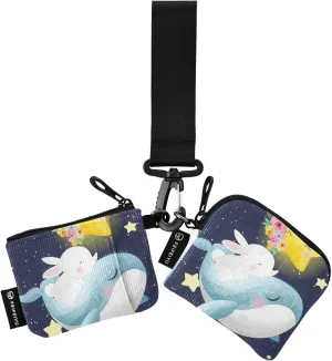 Whale and Bunny 2PCS Coin Purse Wristlet Wallets Keychain Wallet Zip Around Portable Wallet with Detachable Dual Pouch