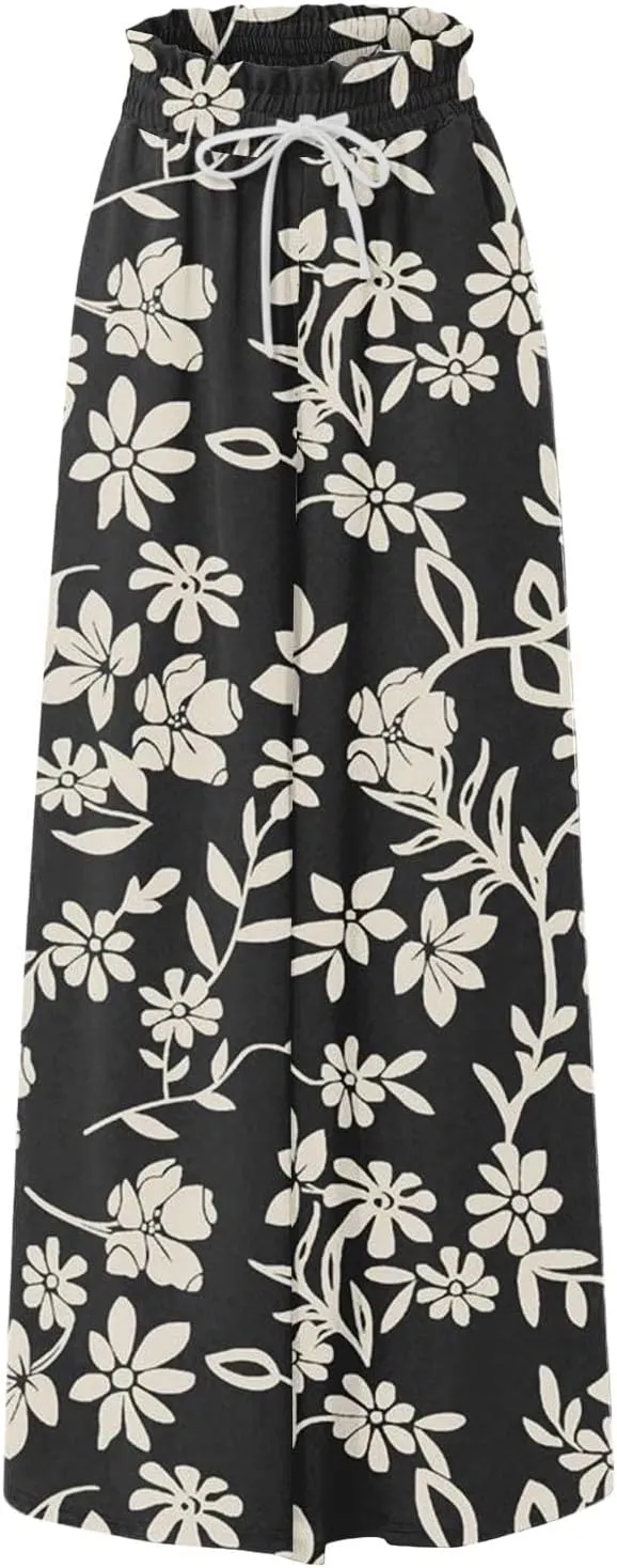 Wide Leg Pants Woman High Waisted Floral Boho Beach Casual Pants Cute Summer Flowy Palazzo Culottes with Pockets