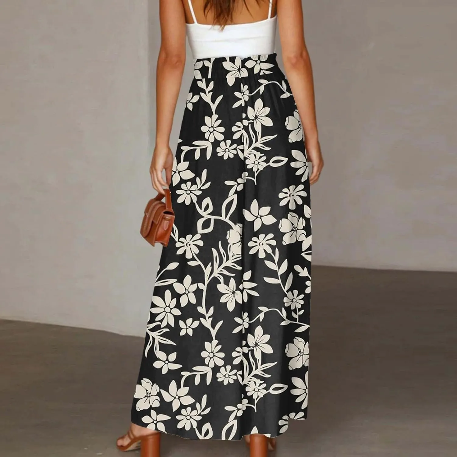 Wide Leg Pants Woman High Waisted Floral Boho Beach Casual Pants Cute Summer Flowy Palazzo Culottes with Pockets