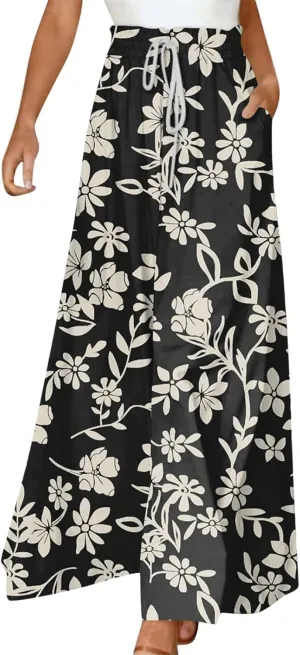 Wide Leg Pants Woman High Waisted Floral Boho Beach Casual Pants Cute Summer Flowy Palazzo Culottes with Pockets