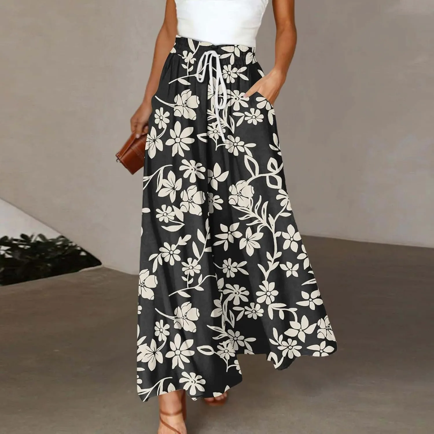 Wide Leg Pants Woman High Waisted Floral Boho Beach Casual Pants Cute Summer Flowy Palazzo Culottes with Pockets