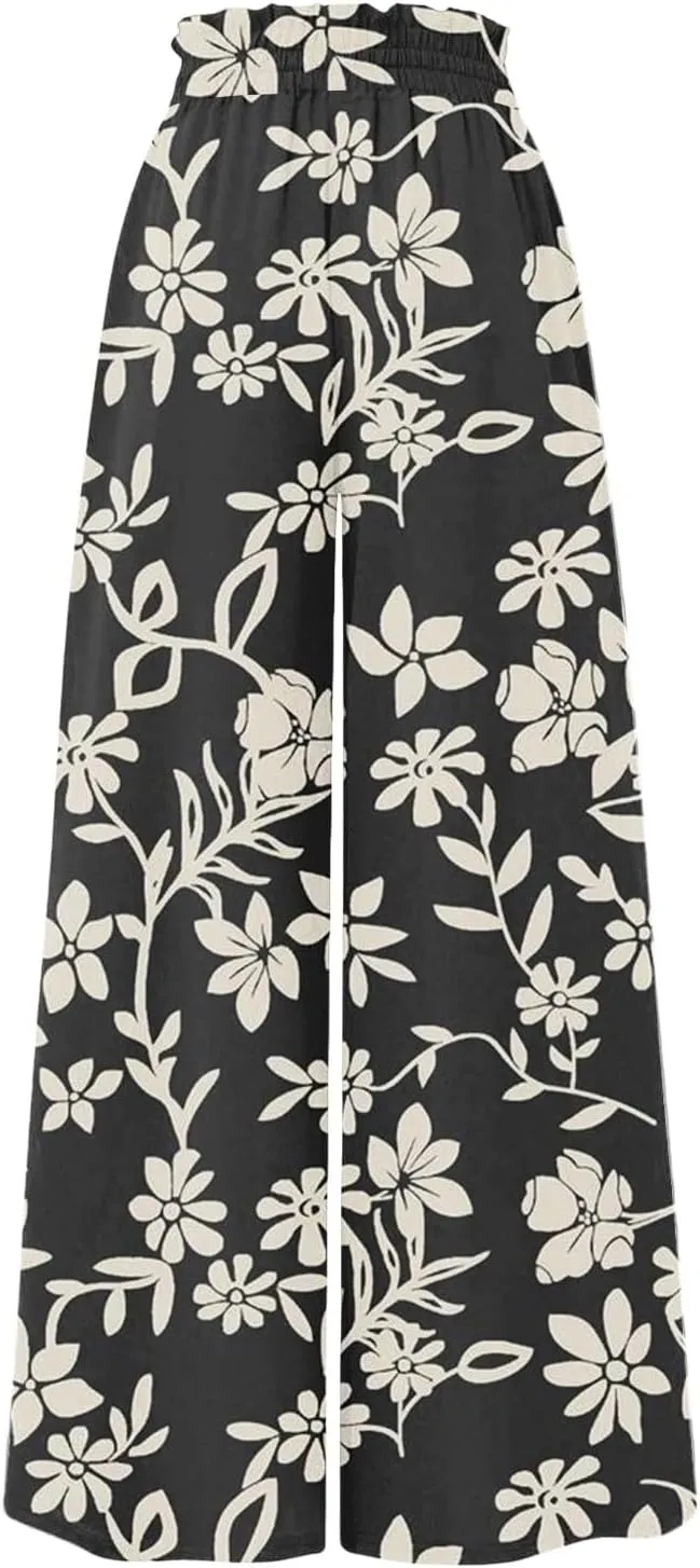 Wide Leg Pants Woman High Waisted Floral Boho Beach Casual Pants Cute Summer Flowy Palazzo Culottes with Pockets