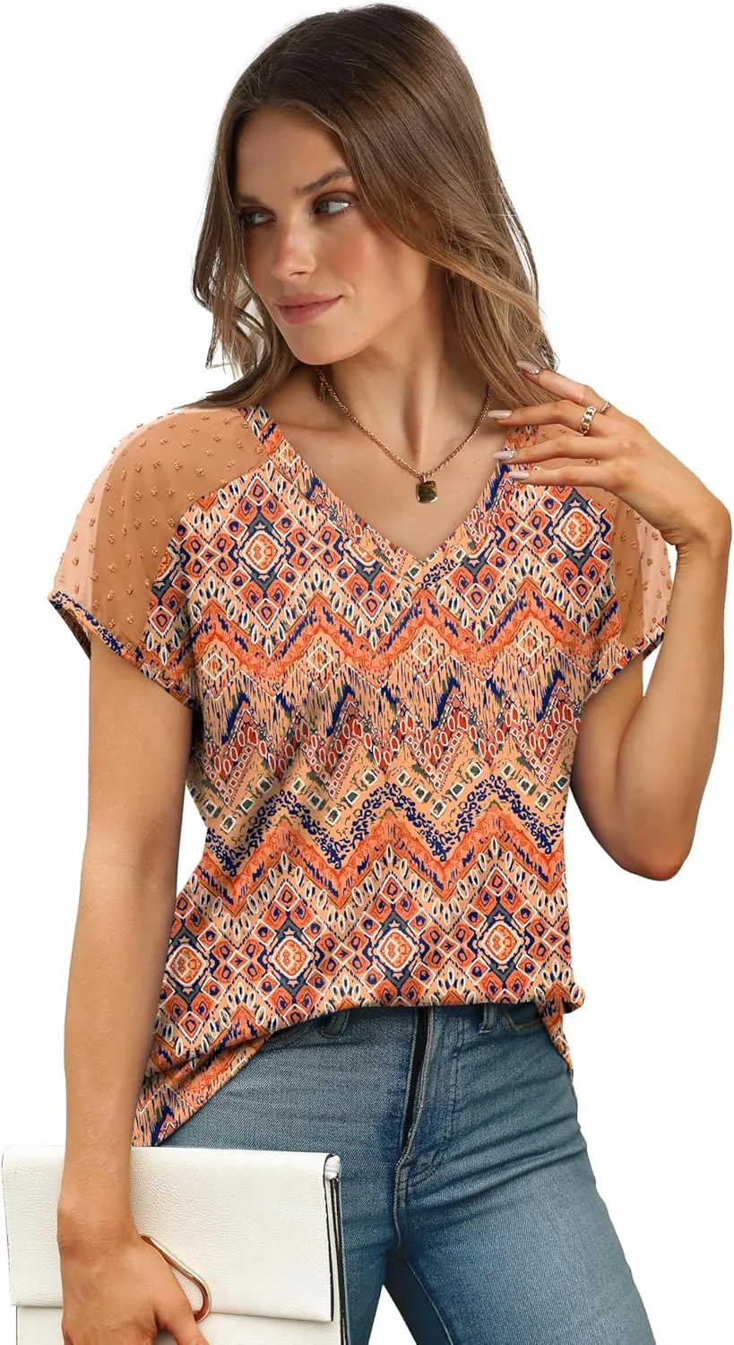 WIHOLL Summer Tops for Women V Neck T-Shirts Swiss Dot Short Sleeve Shirts Casual Fashion Blouses